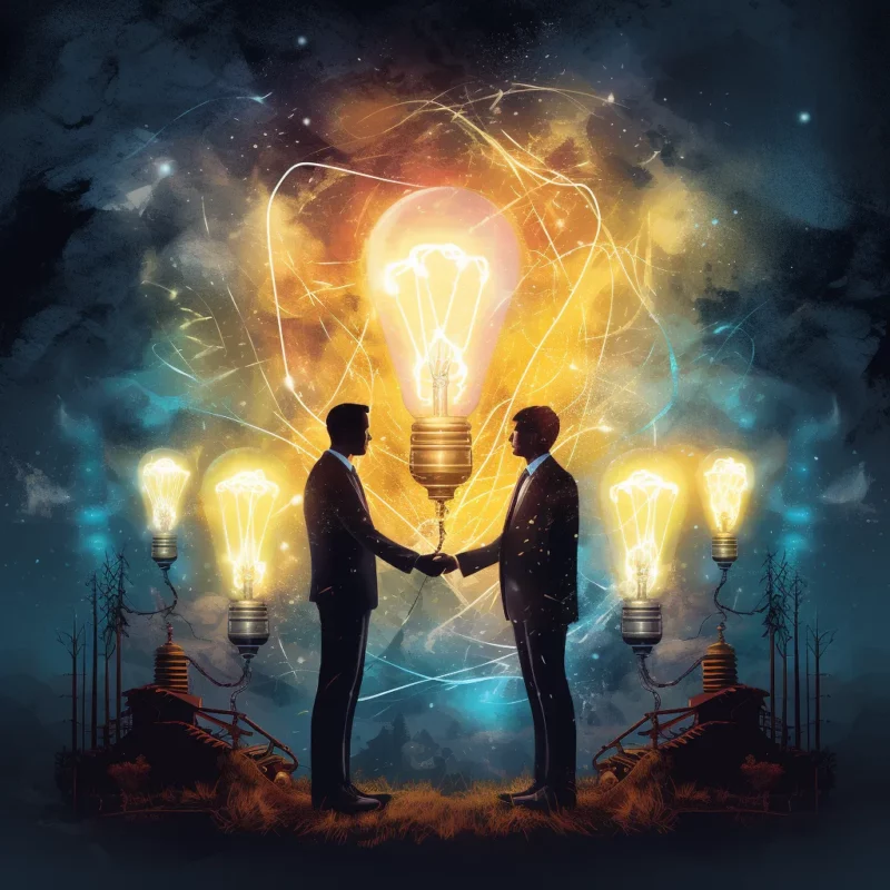 Two men shaking hands with illuminated light bulbs glowing around them.