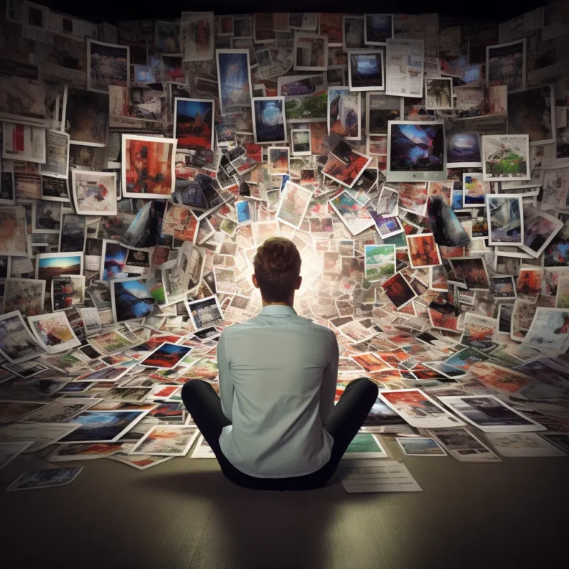 Man sitting on the floor with his back to the camera, engrossed in viewing hundreds of images displayed on the wall and scattered around him.