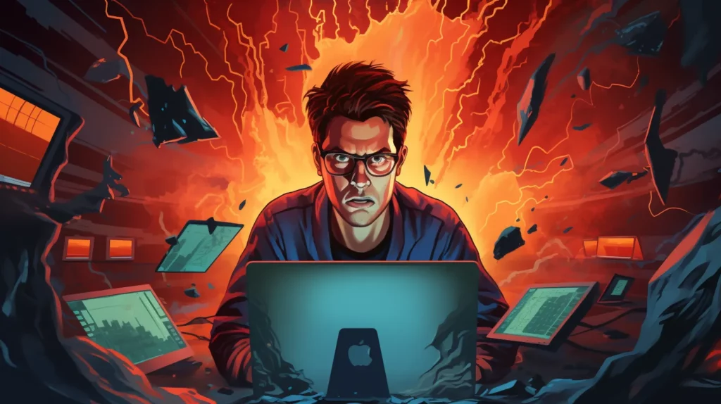 Man looking worriedly us from behind his computer, with a background engulfed in flames.