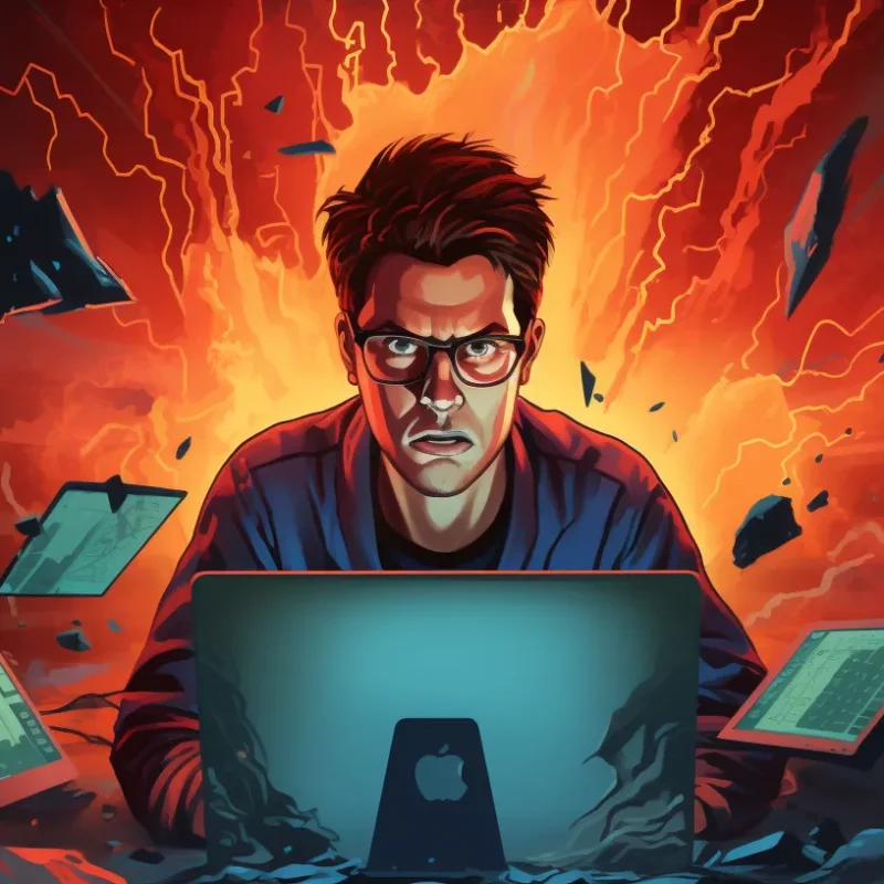 Man looking worriedly us from behind his computer, with a background engulfed in flames.